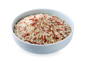 Mix of brown and polished rice in bowl isolated on white