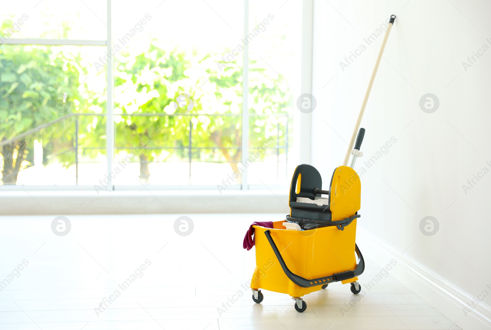 Photo of Mop bucket with cleaning supplies, indoors