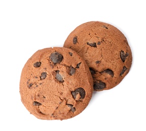 Tasty cookies with chocolate chips on white background, top view