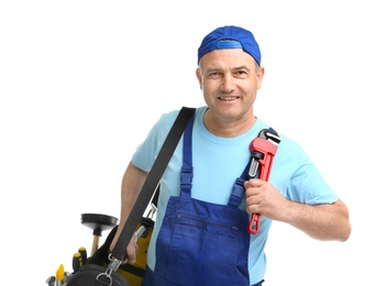 Photo of Mature plumber with pipe wrench and tool bag on white background