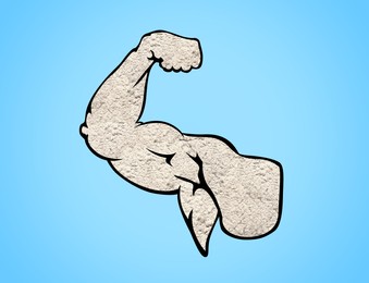 Muscular man showing biceps on blue background, closeup. Silhouette of hand made with amino acids powder
