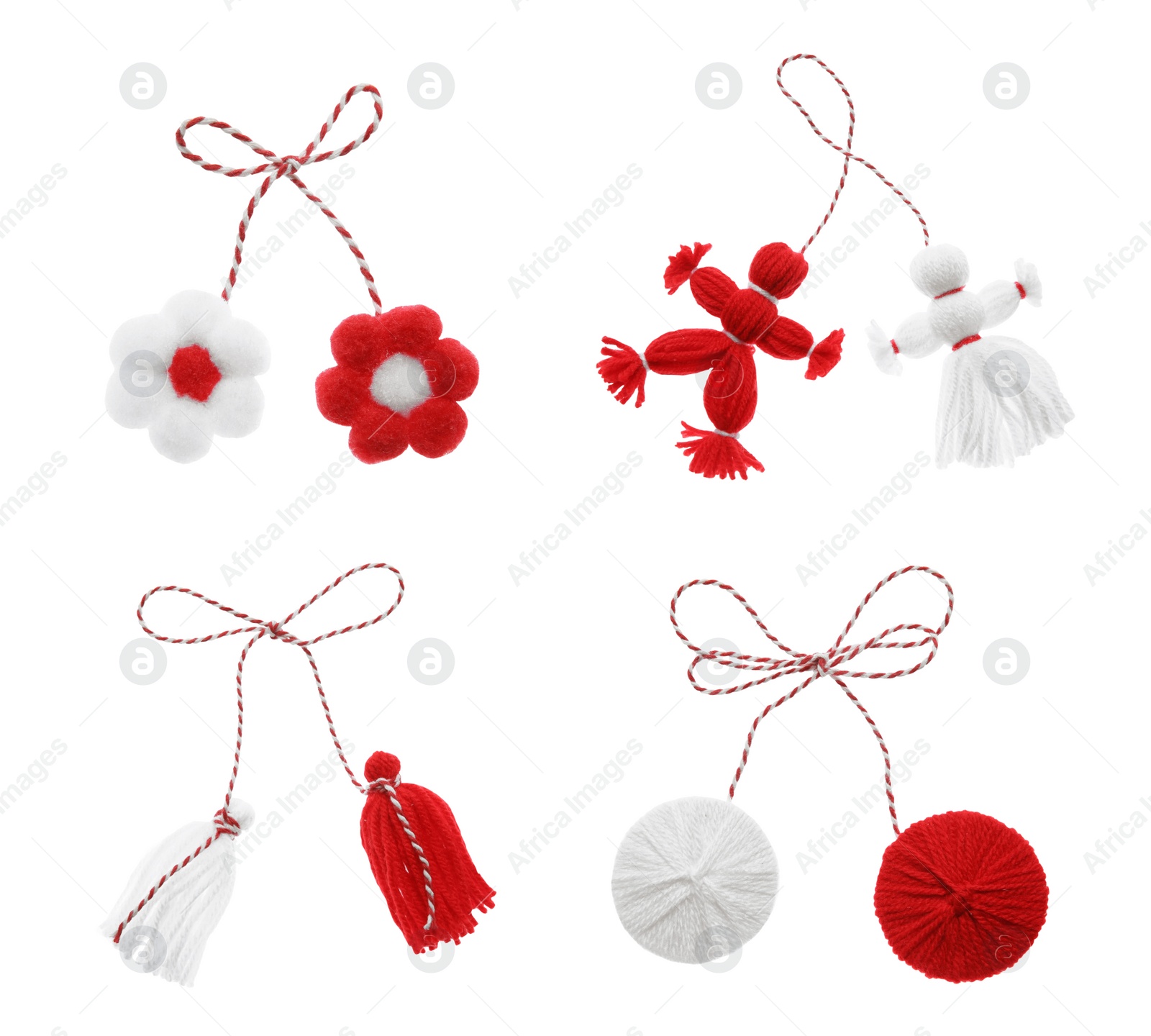 Image of Set with traditional martenitsi in different shapes on white background. Symbol of first spring day (Martisor celebration)