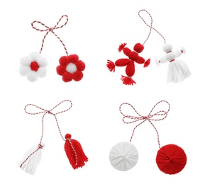 Image of Set with traditional martenitsi in different shapes on white background. Symbol of first spring day (Martisor celebration)