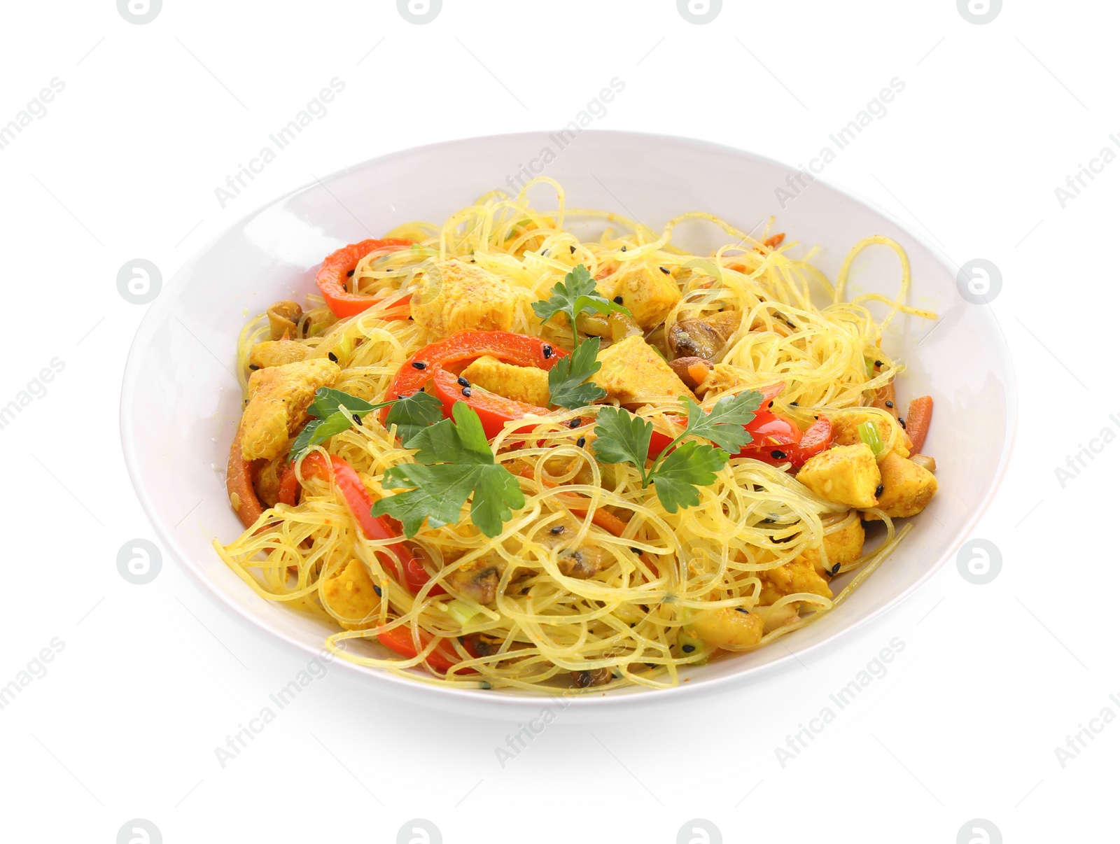 Photo of Stir-fry. Delicious cooked noodles with chicken and vegetables in bowl isolated on white