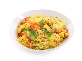 Photo of Stir-fry. Delicious cooked noodles with chicken and vegetables in bowl isolated on white