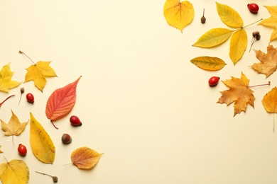 Photo of Flat lay composition with autumn leaves on beige background. Space for text