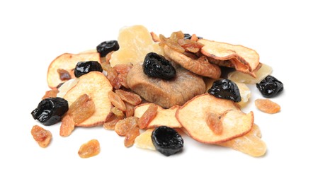 Pile of different tasty dried fruits on white background