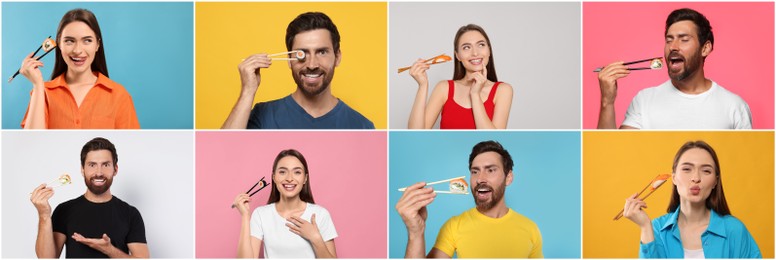 Image of Collage with photos of people eating tasty sushi and rolls on different color backgrounds. Banner design