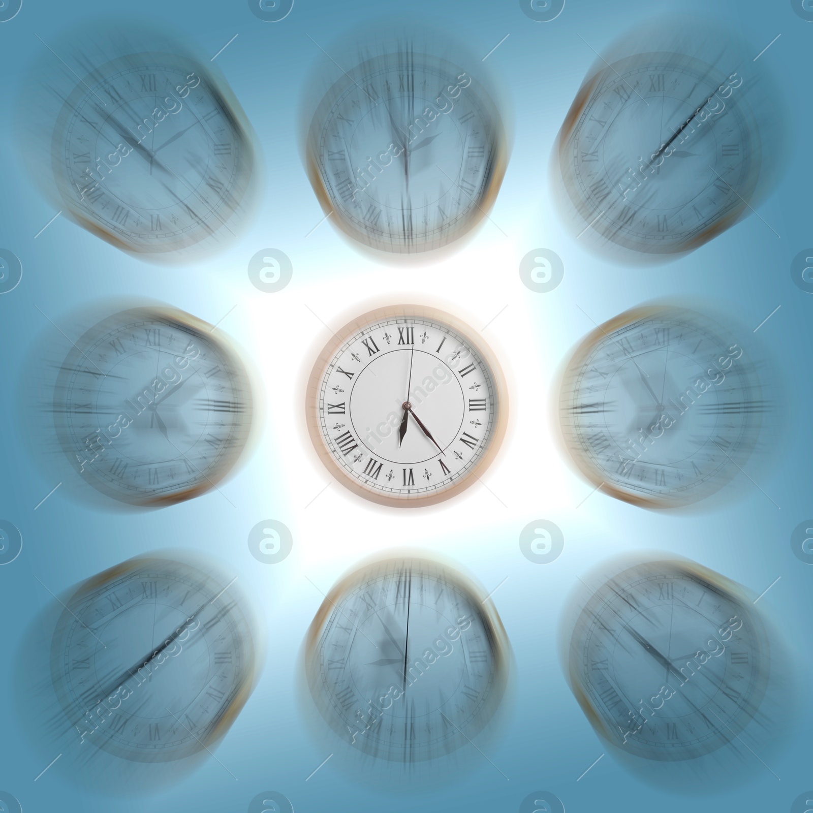 Image of Many clocks on color background, motion blur effect. Time concept