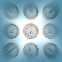 Image of Many clocks on color background, motion blur effect. Time concept