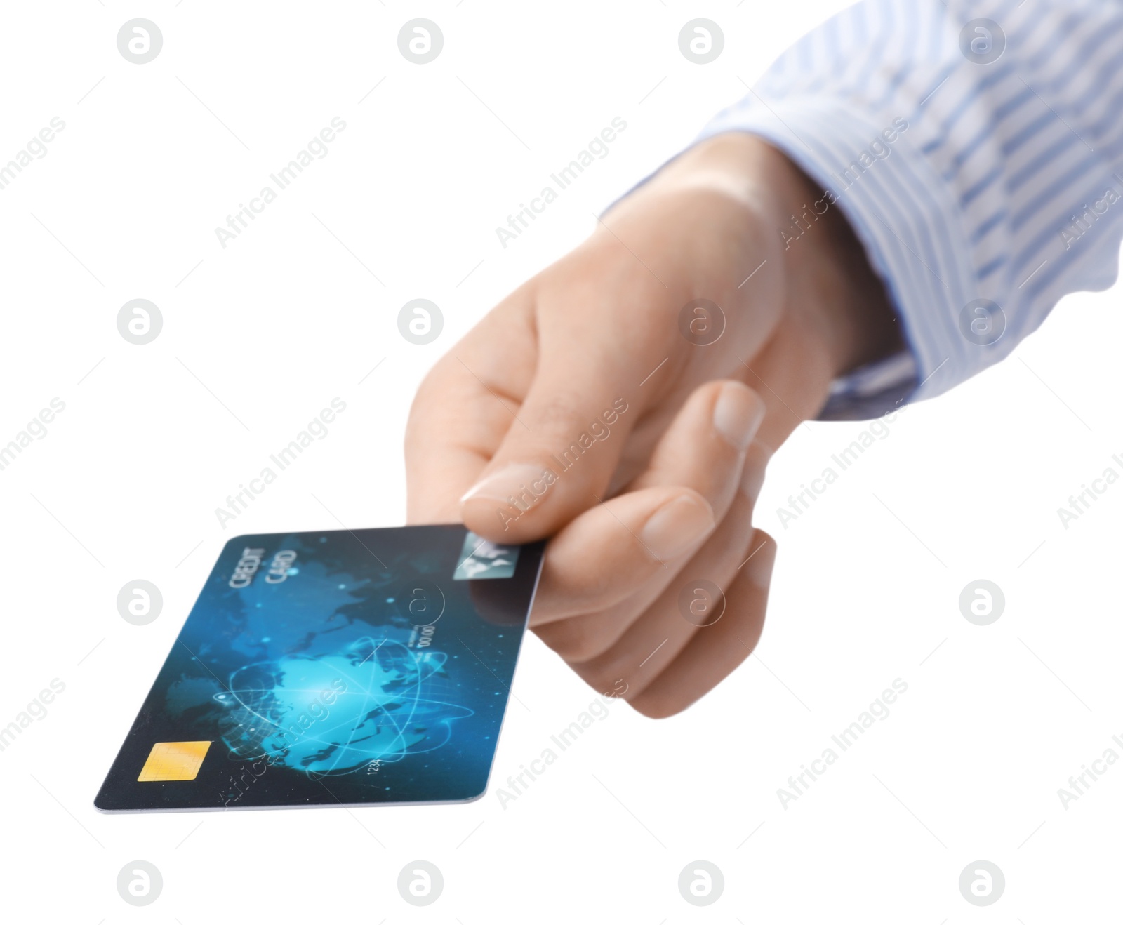 Photo of Woman holding credit card on white background