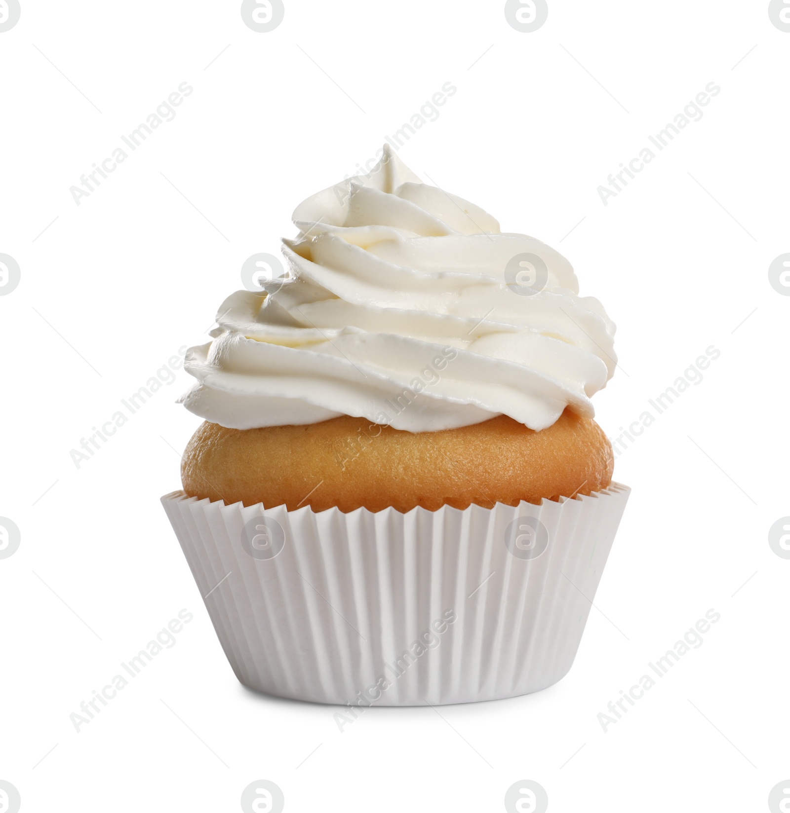 Photo of Delicious cupcake decorated with cream isolated on white