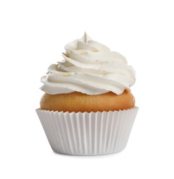Photo of Delicious cupcake decorated with cream isolated on white