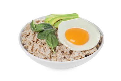 Photo of Tasty boiled oatmeal with fried egg, avocado and basil isolated on white