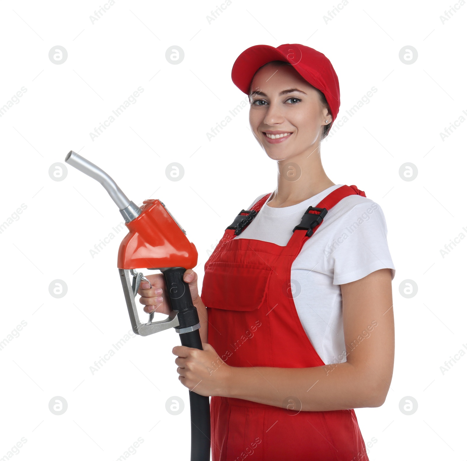 Photo of Gas station worker with fuel nozzle on white background