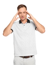 Young man in casual clothes posing on white background