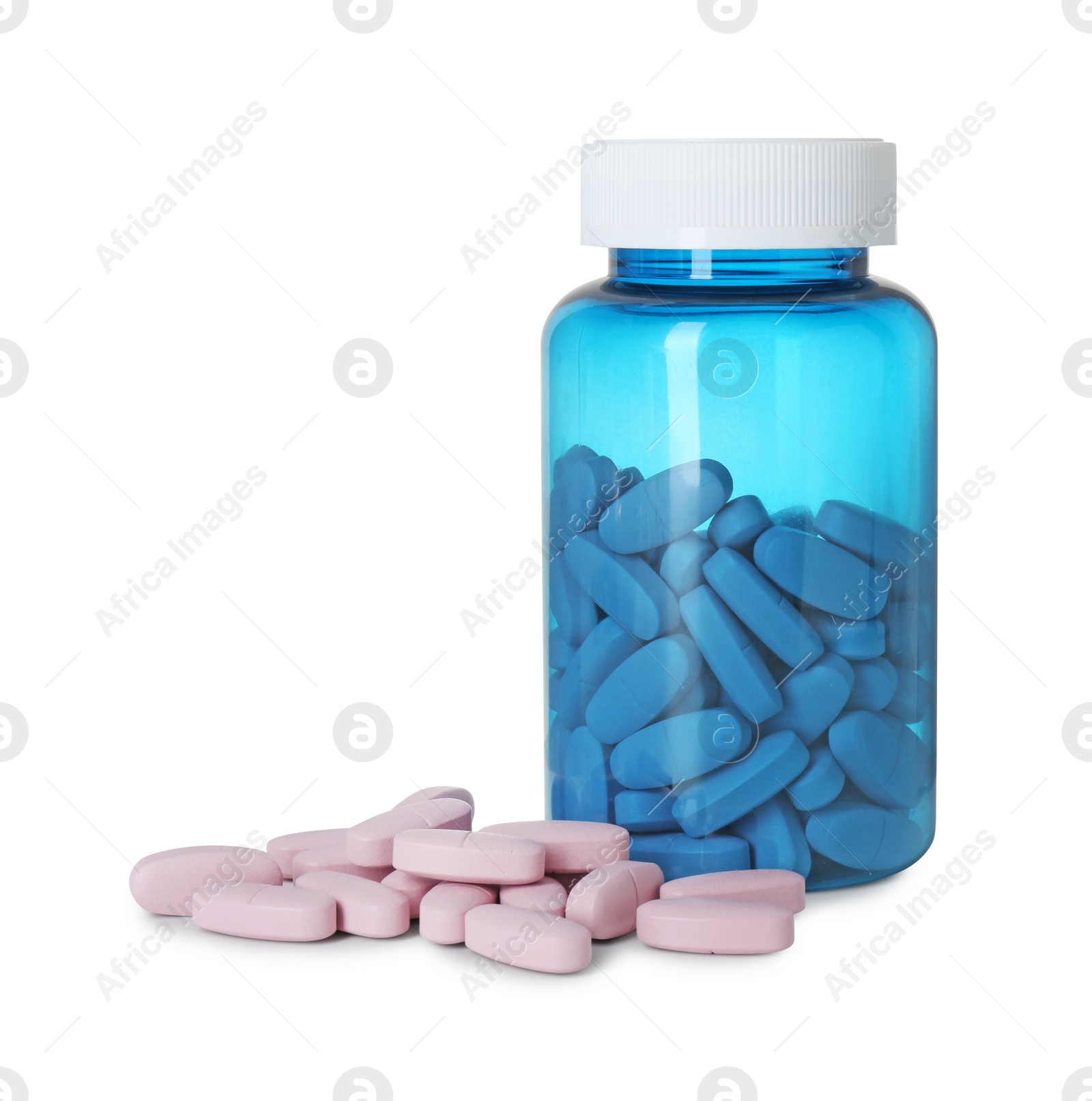 Photo of Bottle and pile of vitamin pills isolated on white