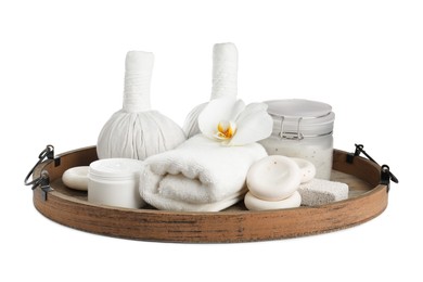 Photo of Beautiful spa composition with different care products isolated on white