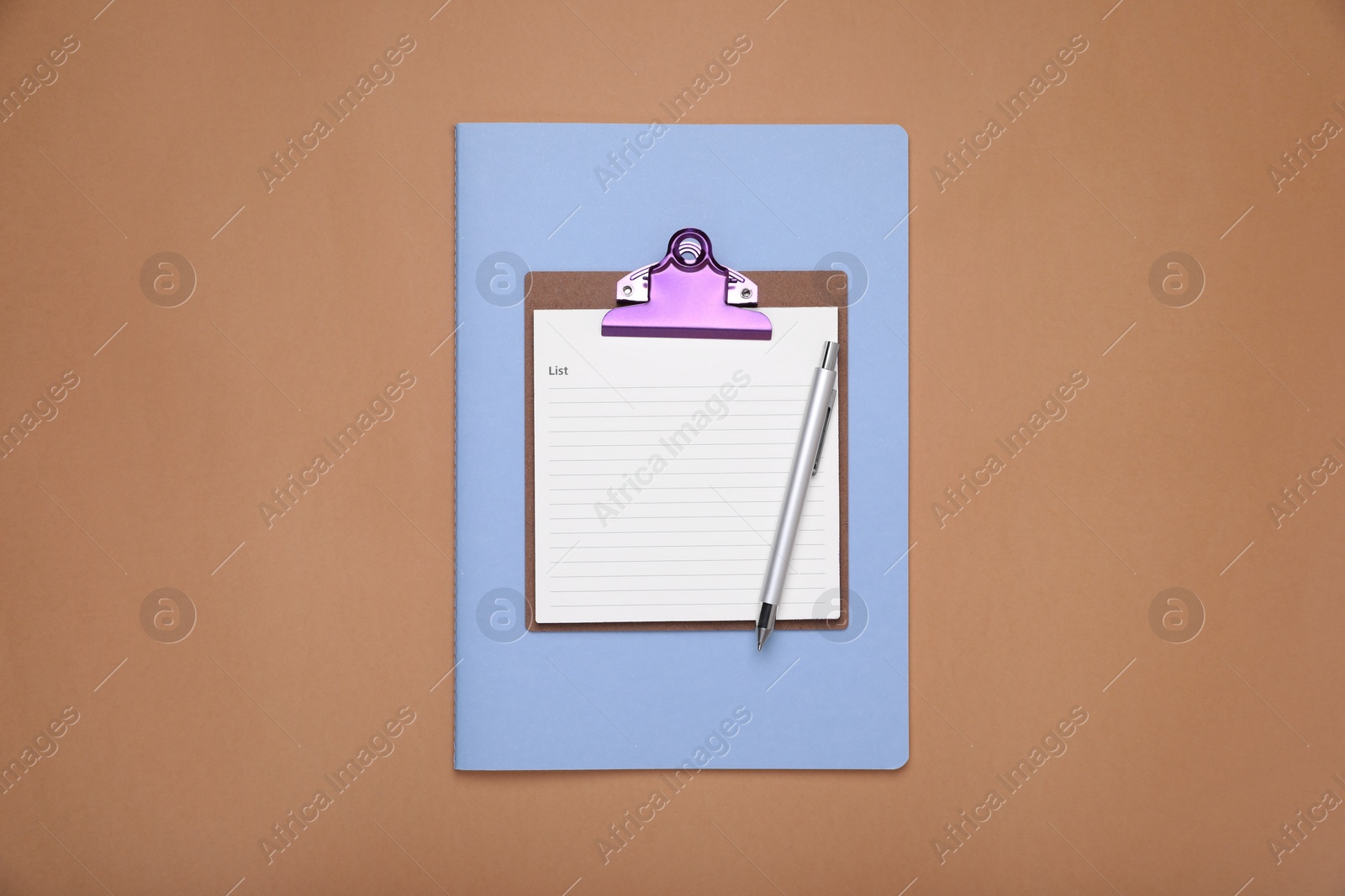 Photo of Clipboard with to do notes, planner and pen on brown background, top view. Space for text