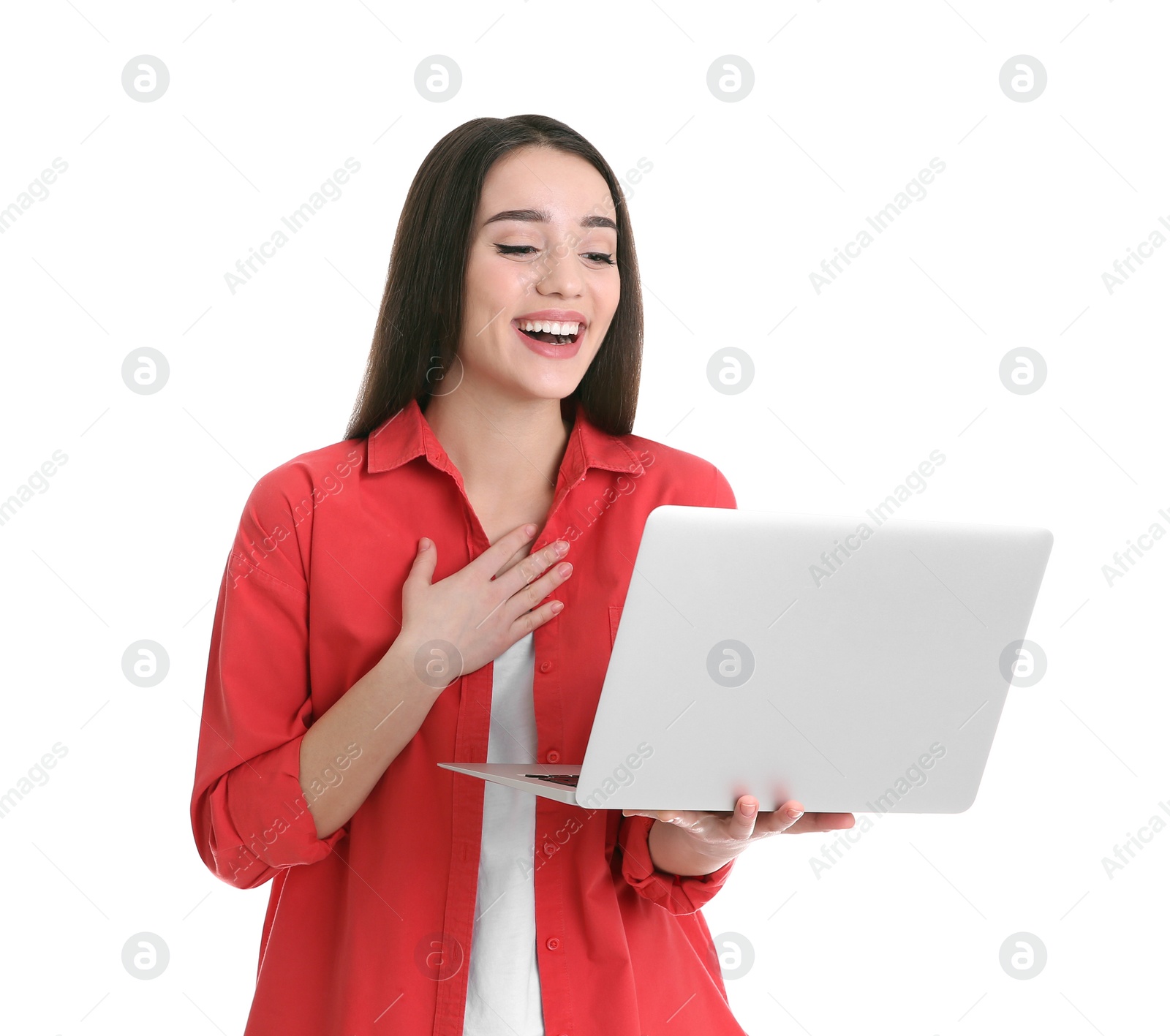 Photo of Woman using laptop for video chat isolated on white