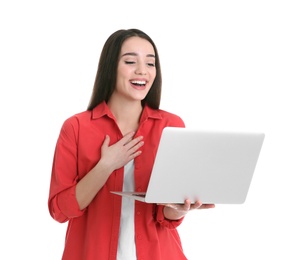 Photo of Woman using laptop for video chat isolated on white