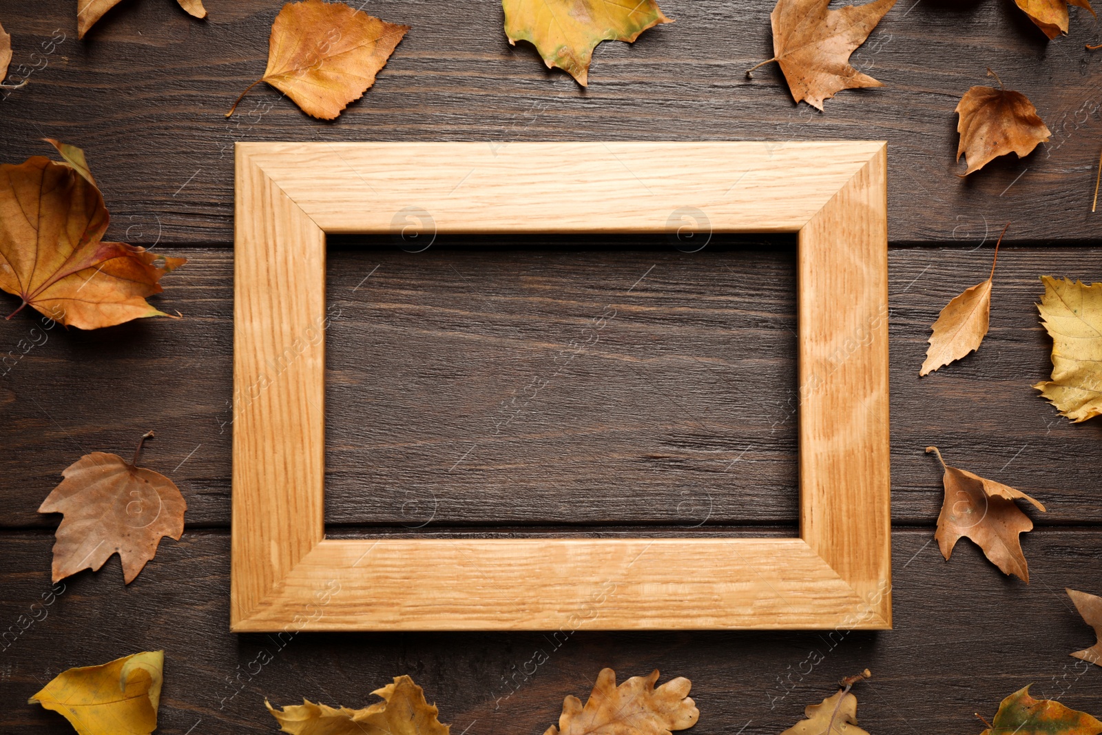 Photo of Flat lay composition with autumn leaves and frame on wooden background. Space for text