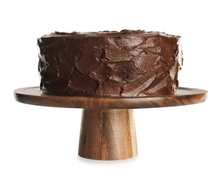 Photo of Stand with tasty homemade chocolate cake on white background