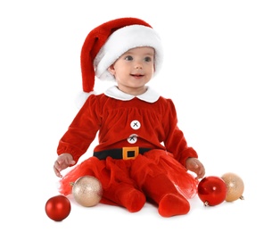 Cute little baby wearing festive Christmas costume on white background