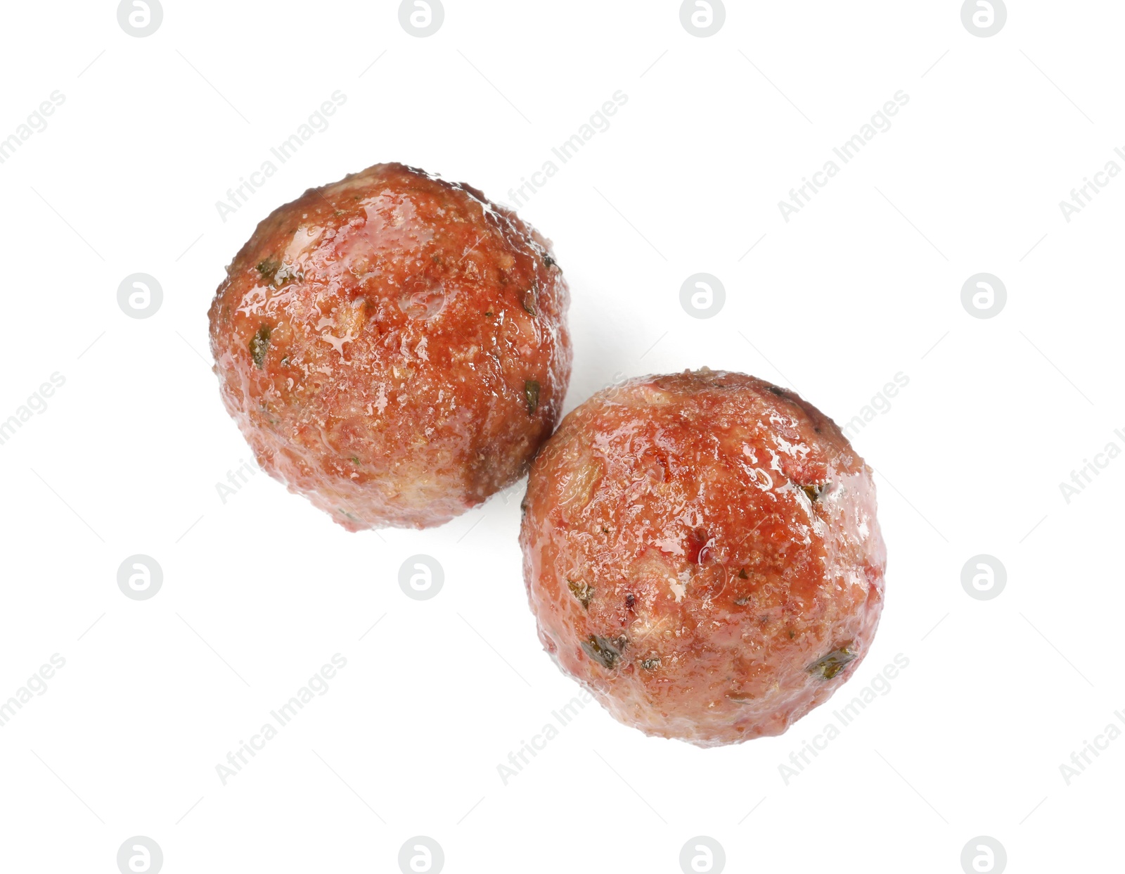 Photo of Tasty cooked meatballs on white background, top view