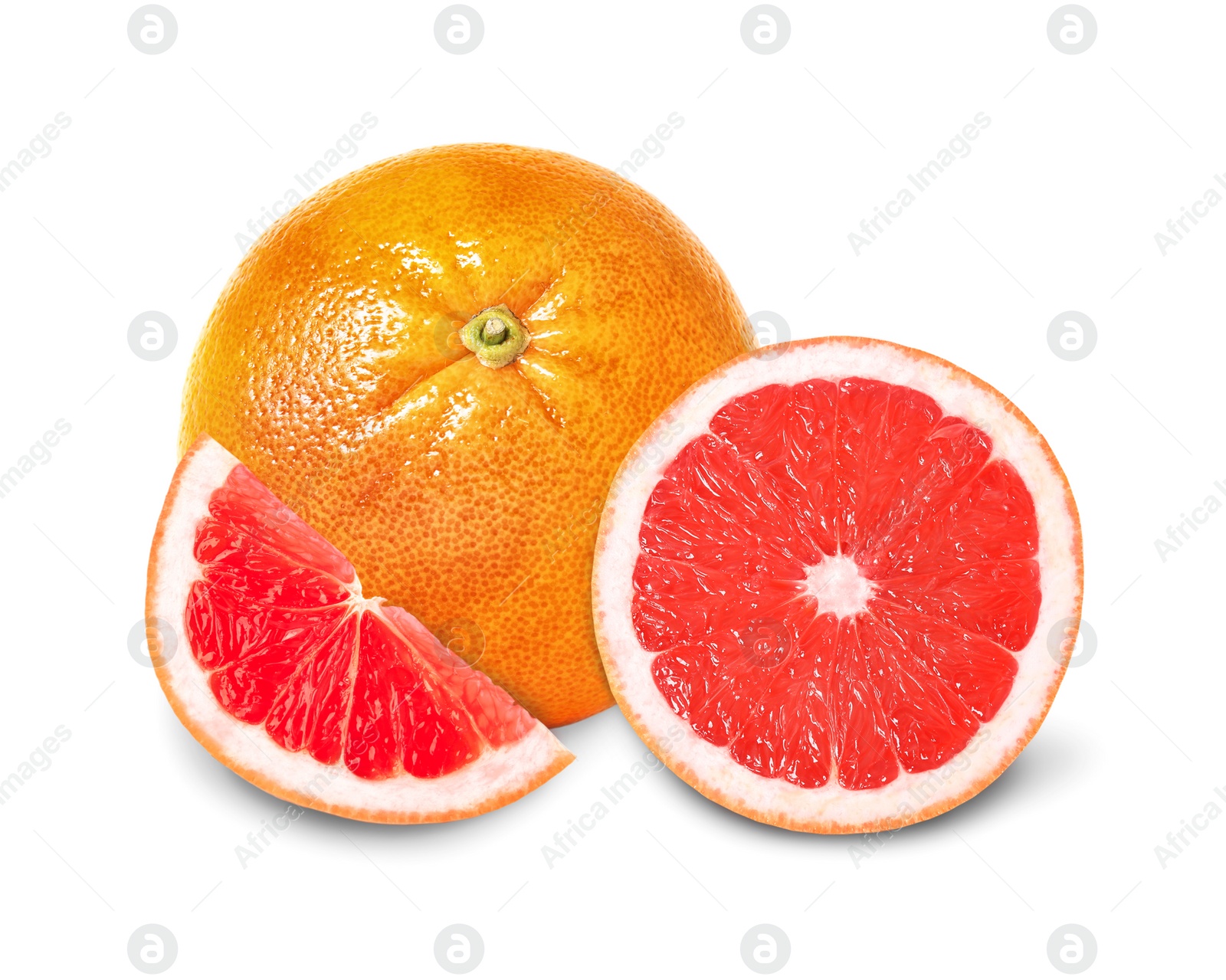 Image of Whole and cut grapefruits on white background