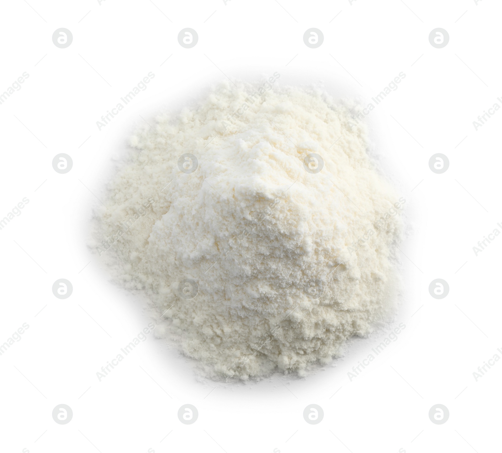 Photo of Heap of powdered infant formula on white background, top view. Baby milk