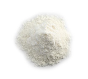 Photo of Heap of powdered infant formula on white background, top view. Baby milk