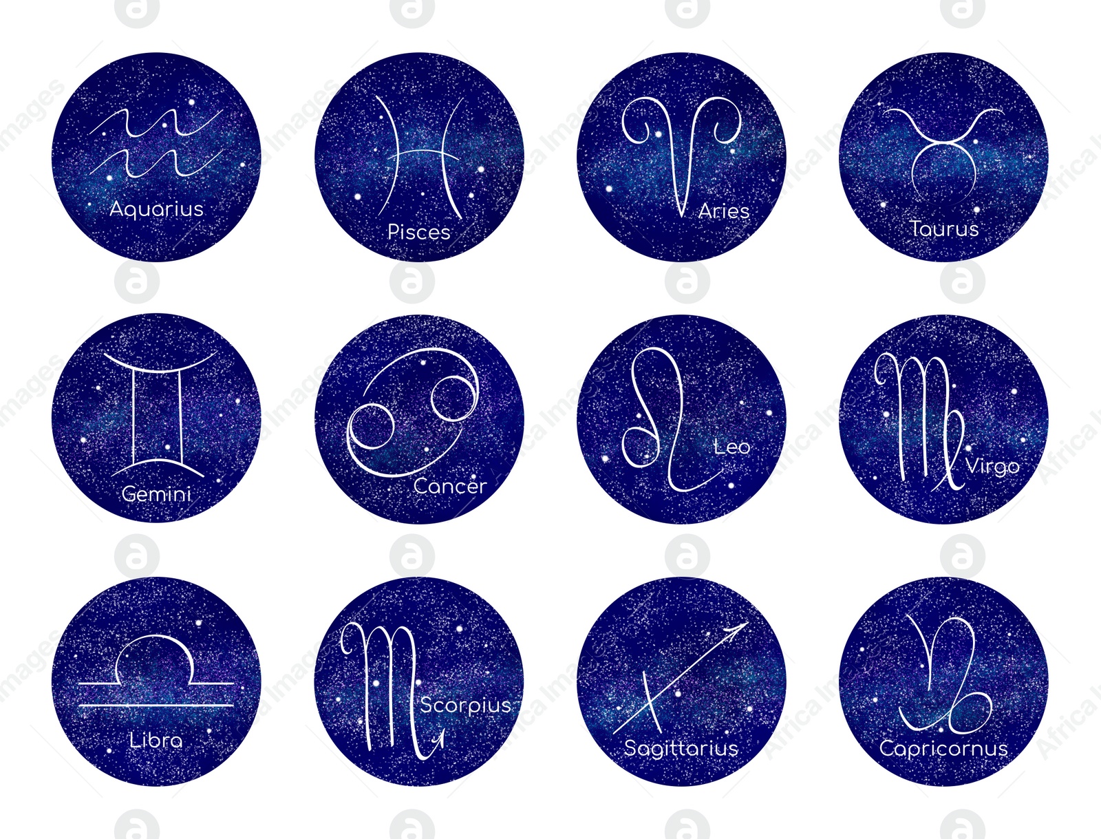 Image of Set with 12 zodiac signs on white background, illustration