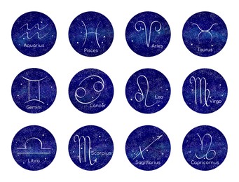 Set with 12 zodiac signs on white background, illustration