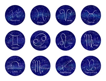 Image of Set with 12 zodiac signs on white background, illustration