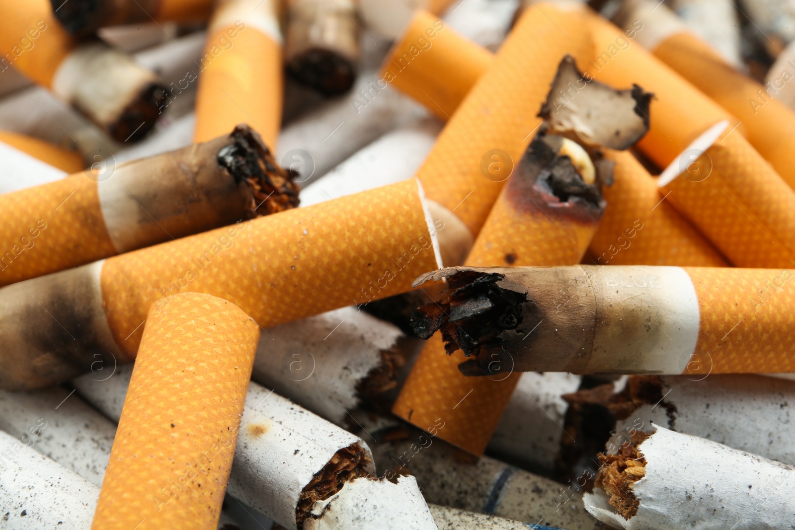 Photo of Pile of cigarette stubs as background, closeup view