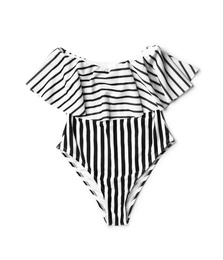 Photo of Stylish striped swimsuit on white background, top view