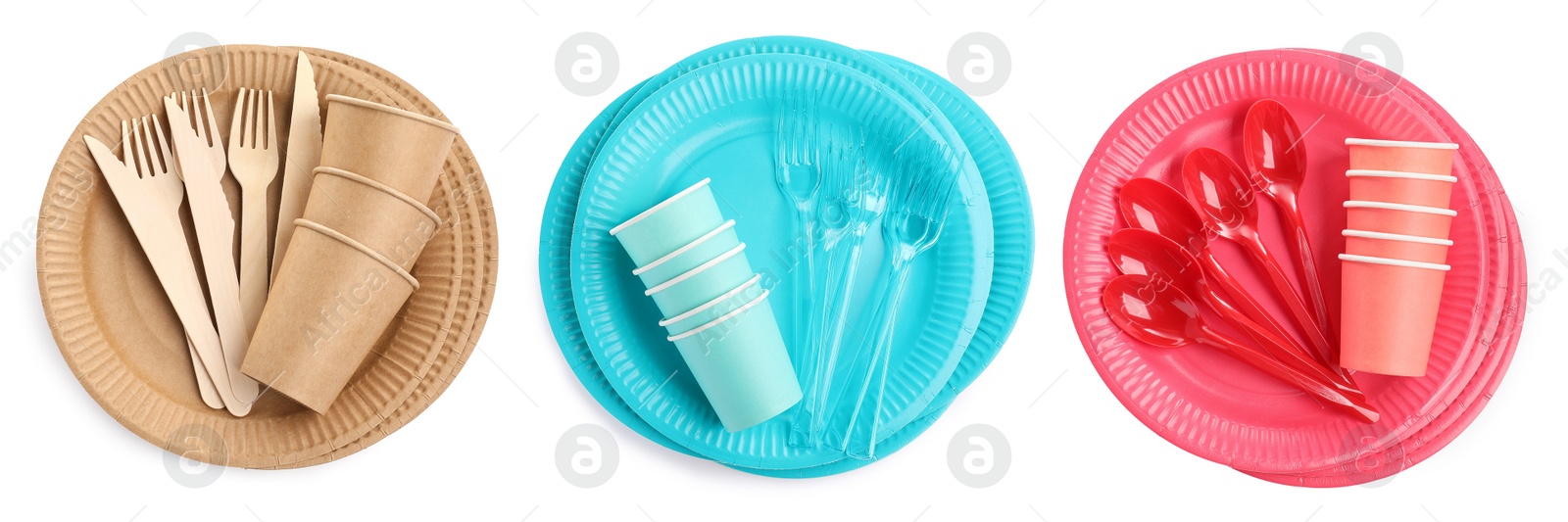 Image of Set with different disposable tableware on white background, top view. Banner design