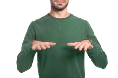Photo of Man showing BLESS gesture in sign language on white background, closeup