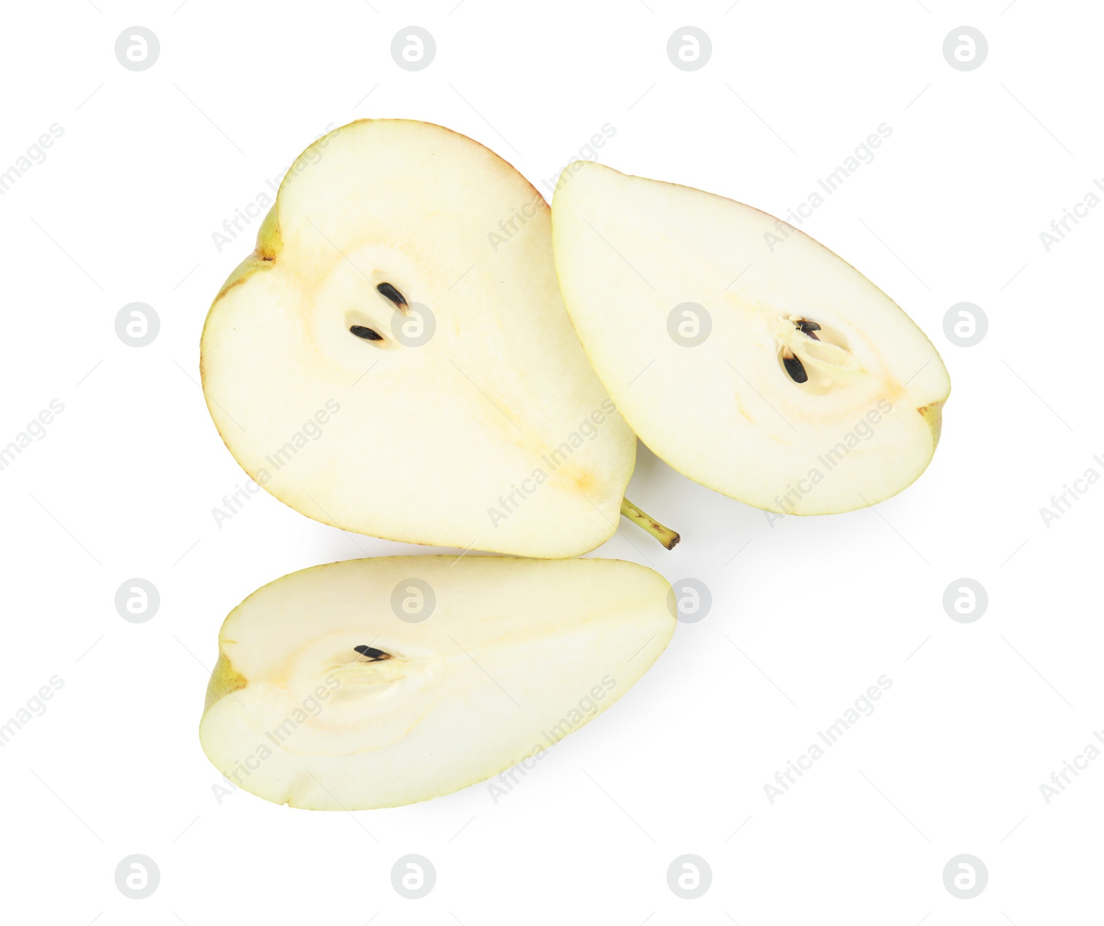 Photo of Cut ripe juicy pears isolated on white, top view