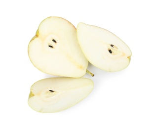 Photo of Cut ripe juicy pears isolated on white, top view