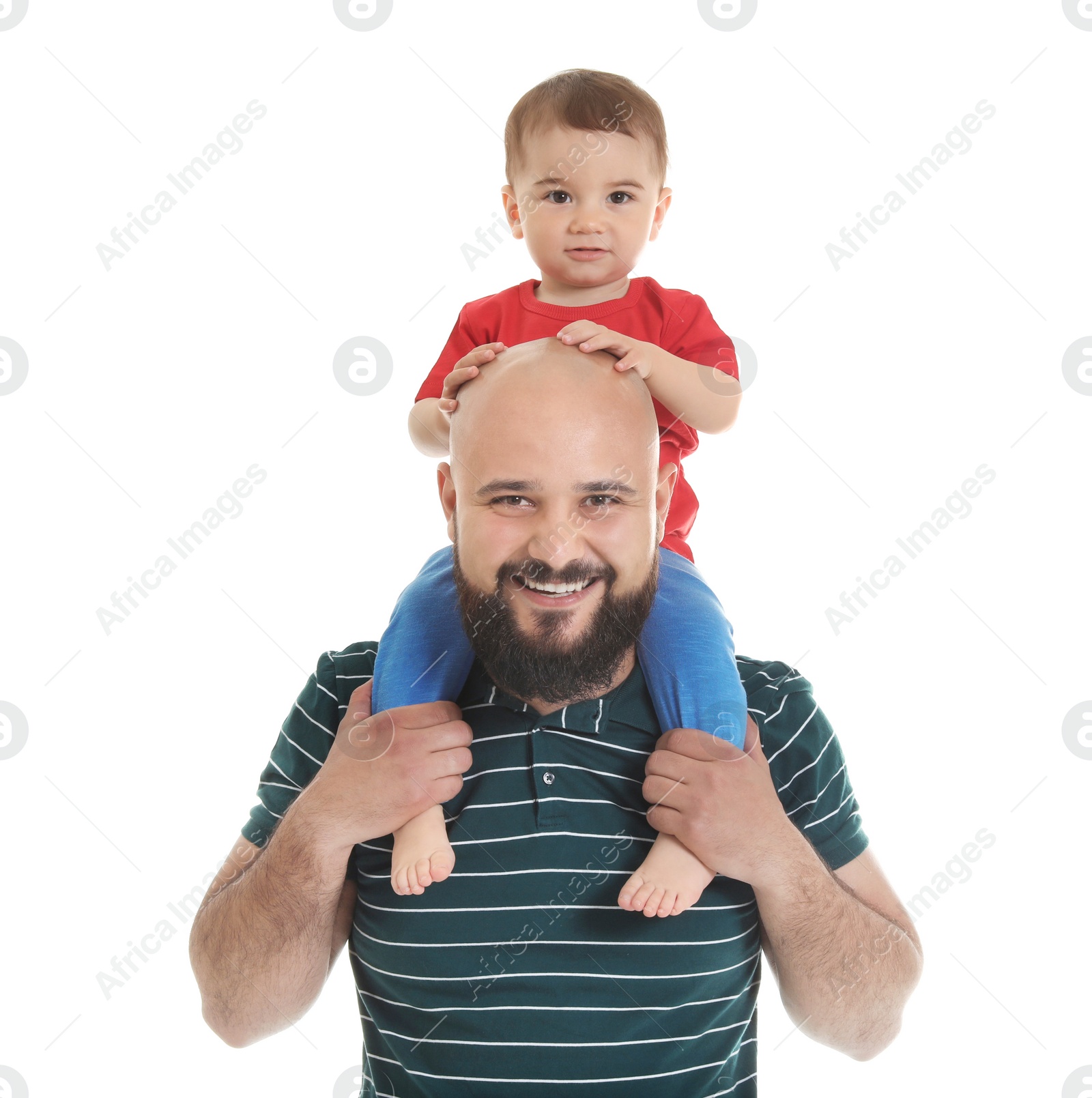 Photo of Portrait of dad and his little son on white background