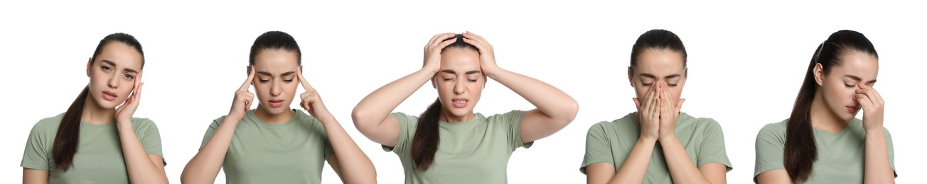 Image of Collage with photos of young woman suffering from headache on white background. Banner design
