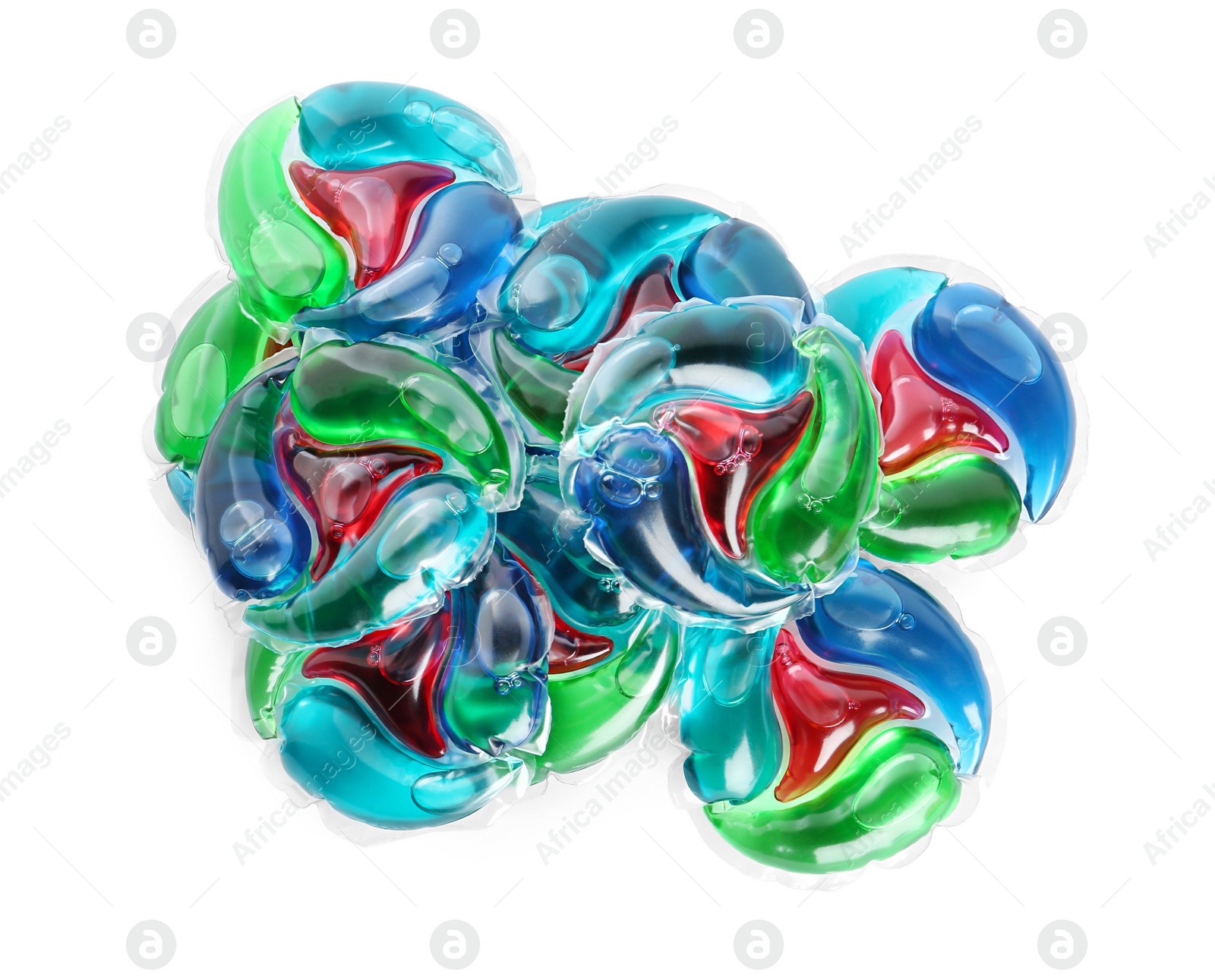 Photo of Heap of laundry capsules on white background, top view