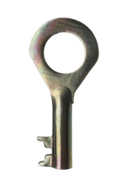 Photo of One metal modern key on white background