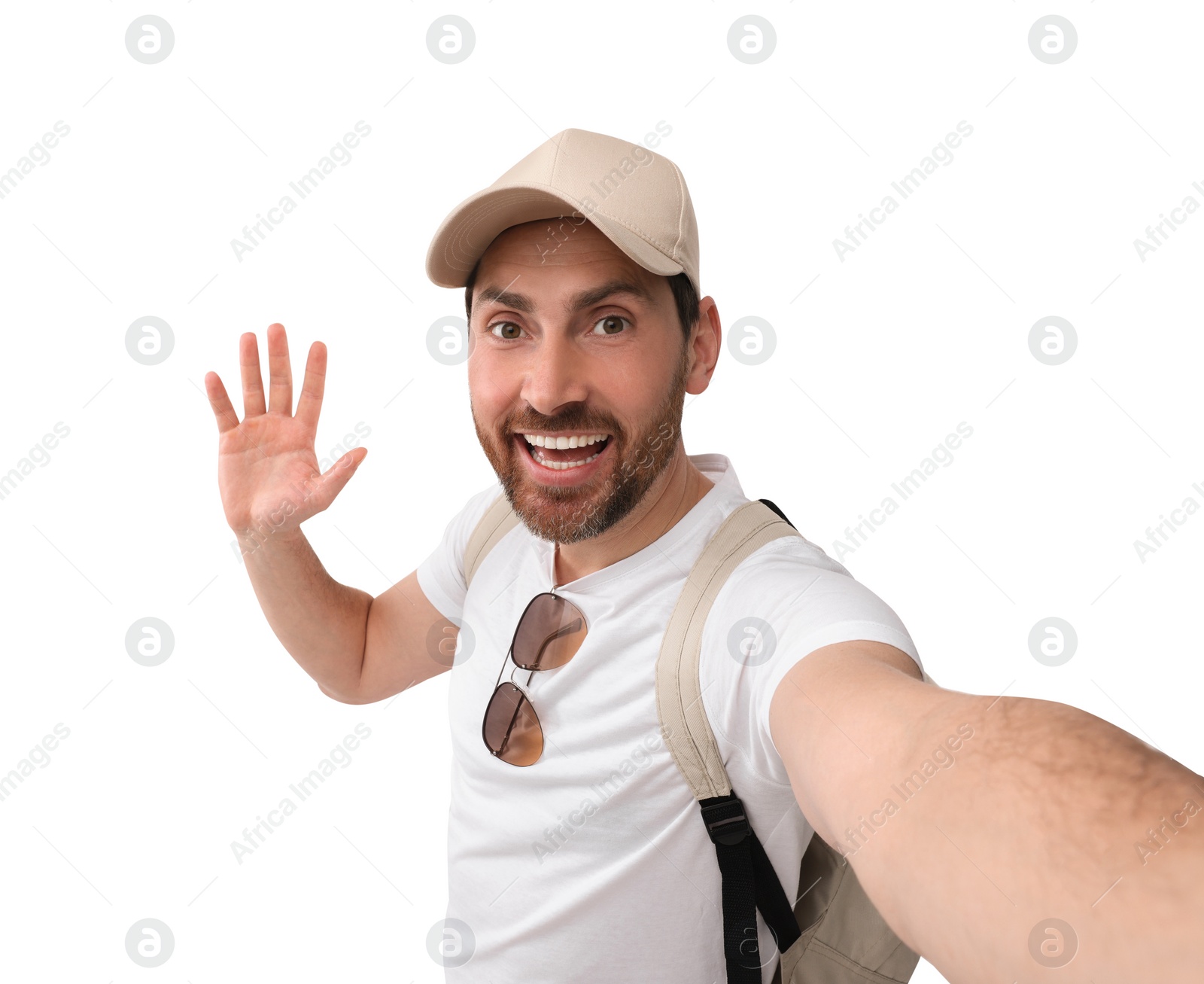 Photo of Smiling man taking selfie on white background