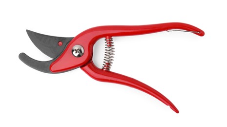 Photo of Secateurs with red handles isolated on white, top view. Gardening tool