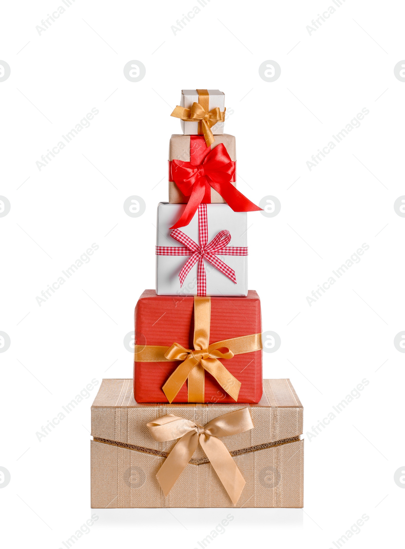 Photo of Beautifully wrapped gift boxes on white background