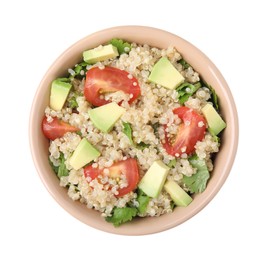 Photo of Delicious quinoa salad with tomatoes, avocado and parsley isolated on white, top view