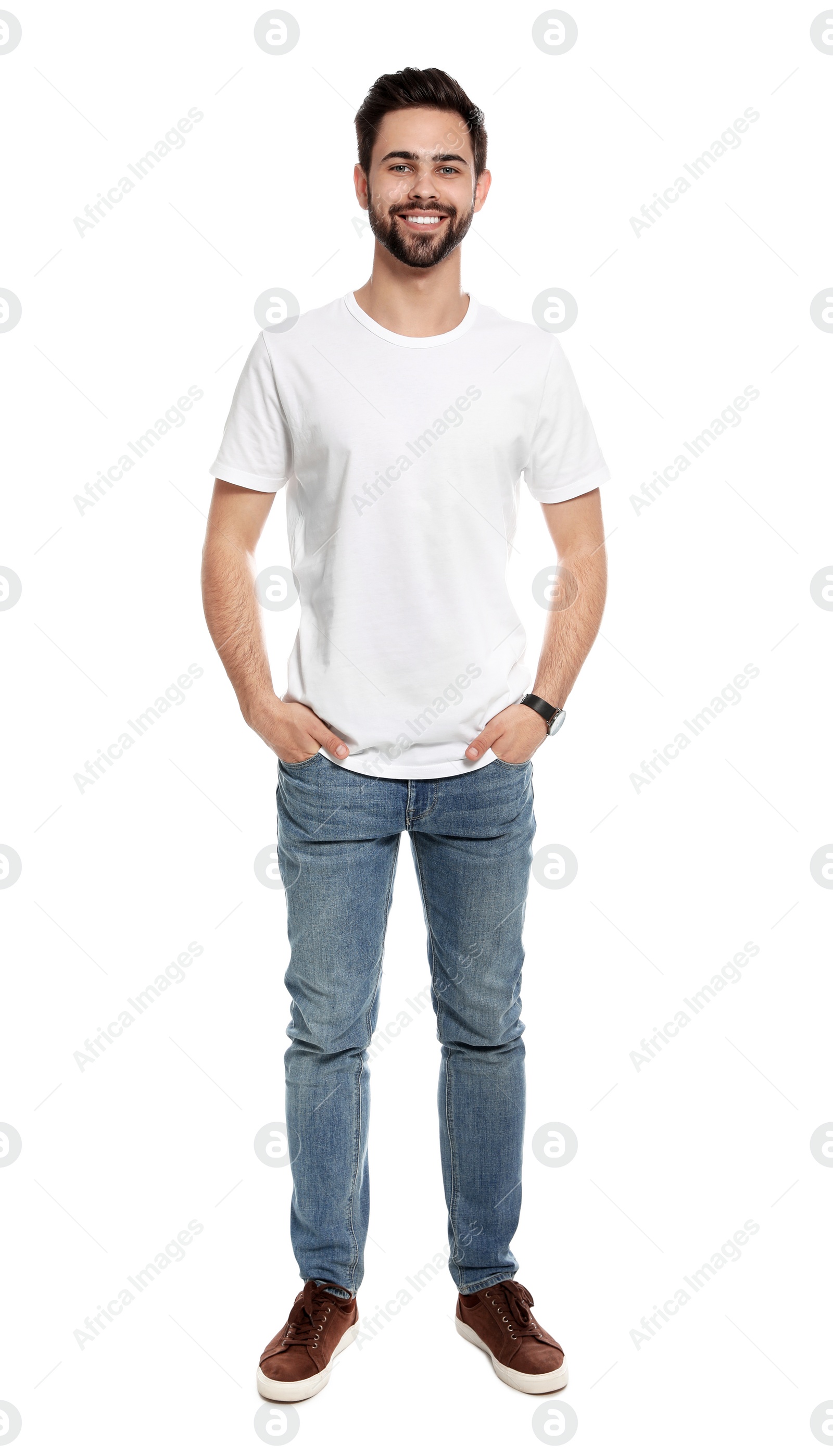 Photo of Young man in t-shirt on white background. Mock up for design